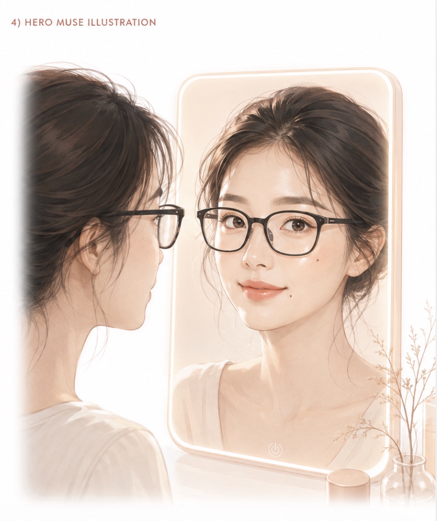 Suimira mirror muse — Asian woman at vanity mirror with warm peach lighting
